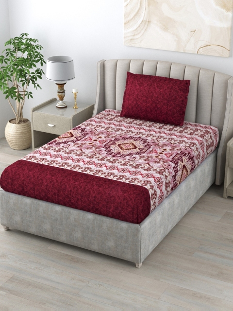 

Salona Bichona Maroon & Pink 120 TC Ethnic Pure Cotton Single Bedsheet with 1 Pillow Cover