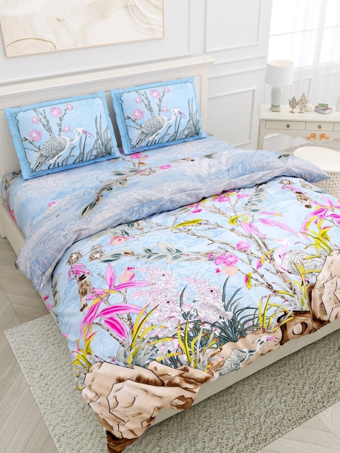 

Salona Bichona Turquoise & Pink 180 TC Floral Pure Cotton King Bedsheet & 2 Pillow Covers, Turquoise blue