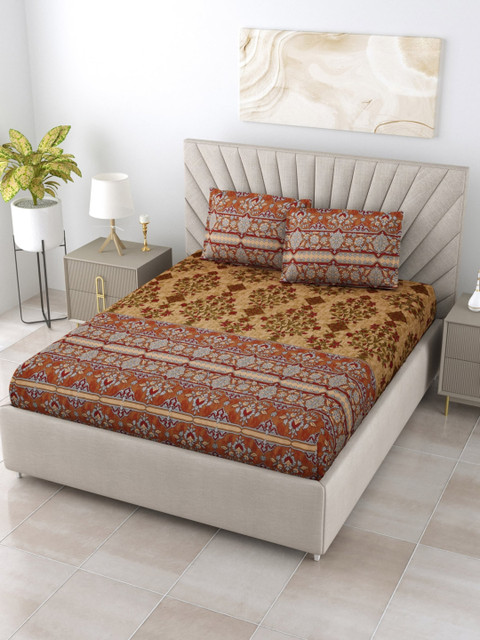 

Salona Bichona Beige & Green 120 TC Floral Pure Cotton King Bedsheet with 2 Pillow Covers
