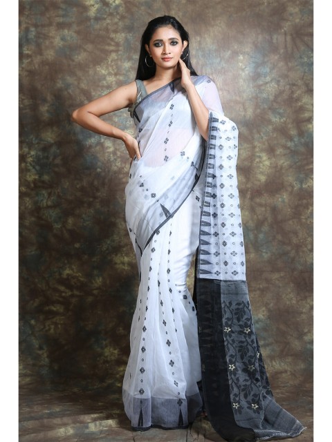 

Arhi White & Grey Ethnic Motifs Silk Cotton Jamdani Saree