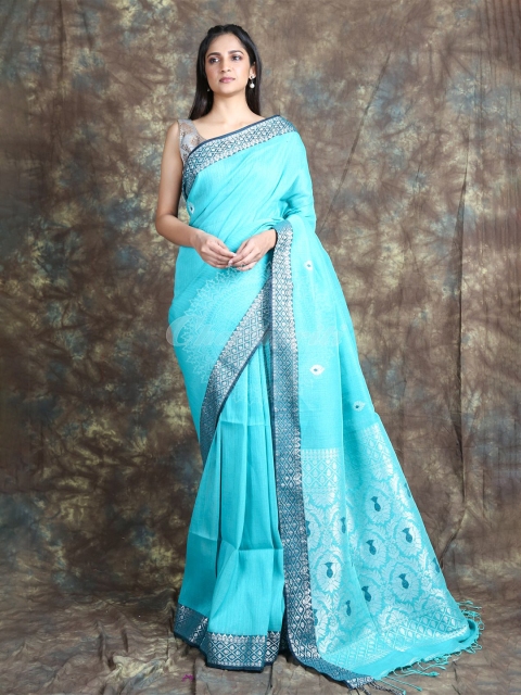 

Arhi Turquoise Blue Woven Design Zari Pure Linen Saree