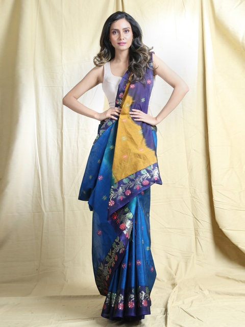 

Arhi Blue & Silver-Toned Woven Design Zari Saree