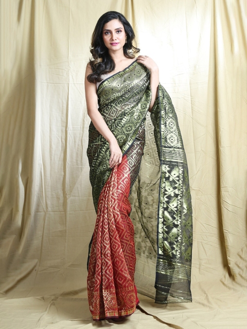 

Arhi Black & Red Ethnic Motifs Silk Cotton Jamdani Saree