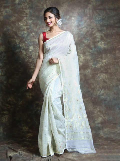 

Arhi White & Pink Zari Silk Cotton Jamdani Saree