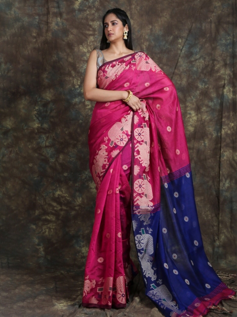 

Arhi Pink & Blue Ethnic Motifs Woven Design Saree