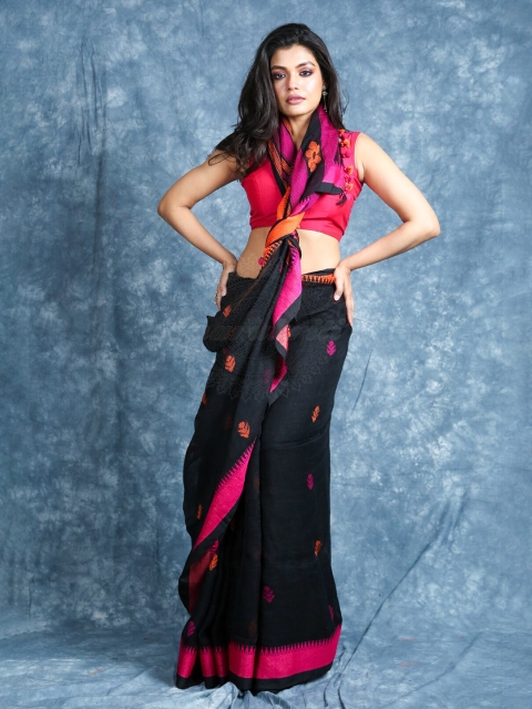 

Arhi Black & Pink Ethnic Motifs Woven Design Pure Linen Saree