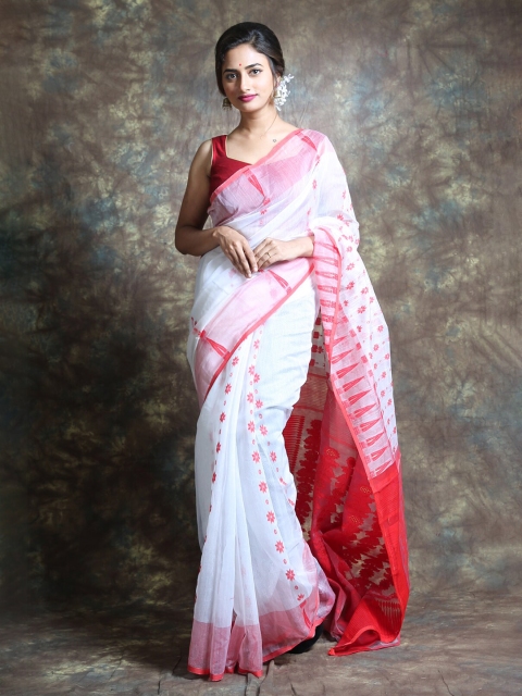 

Arhi White & Red Floral Zari Silk Cotton Jamdani Saree