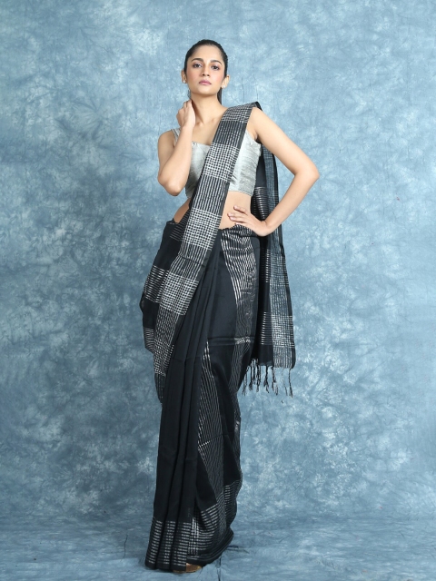

Arhi Black & Silver-Toned Striped Woven Design Zari Saree
