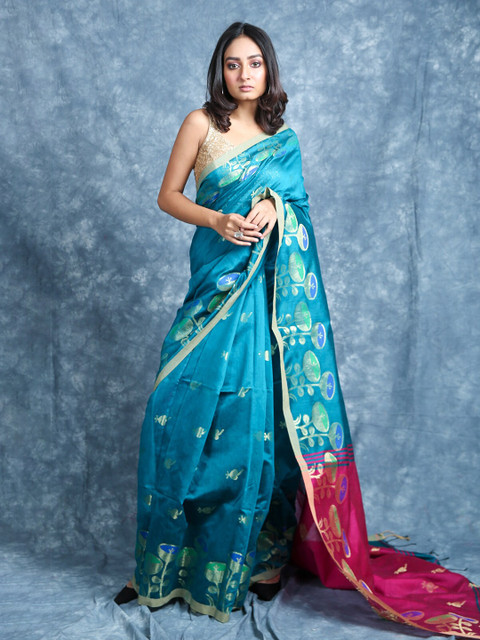 

Arhi Blue & Pink Floral Woven Design Zari Saree