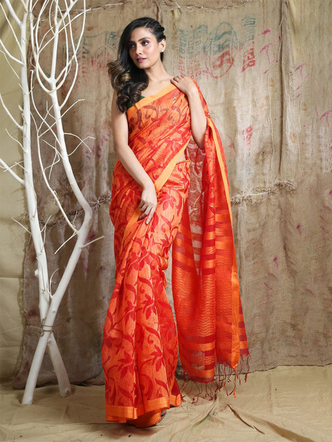 

Arhi Orange Floral Zari Pure Silk Saree
