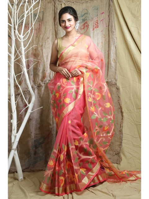 

Arhi Pink & Yellow Floral Zari Pure Silk Saree