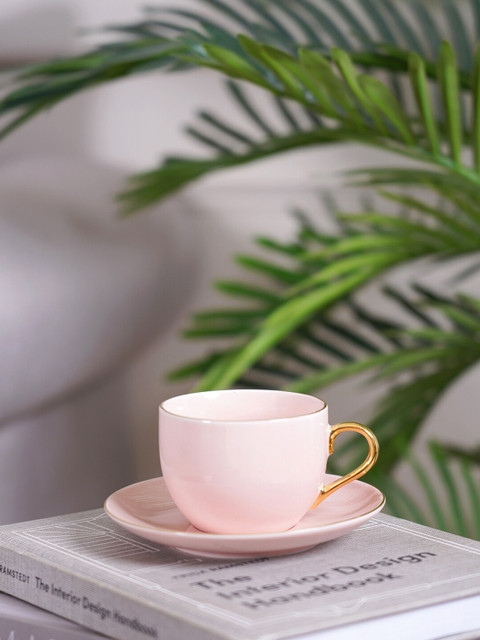 

Pure Home and Living 6 Solid Porcelain Glossy Cups and Saucers Set of Cups and Mugs, Pink