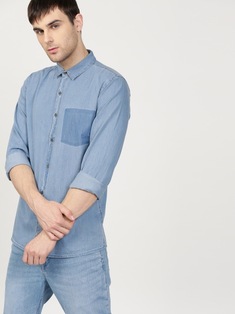 

ether Men Blue Slim Fit Solid Denim Casual Shirt
