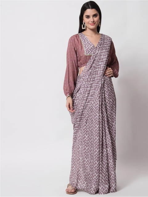 

TrueBrowns Mauve & Off White Silk Blend Ready to Wear Bandhani Saree