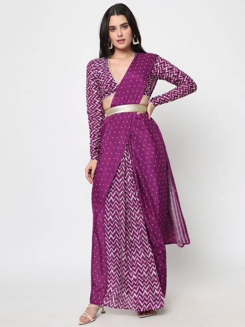 

TrueBrowns Purple & Off White Bandhani Silk Blend Ready to Wear Bandhani Saree