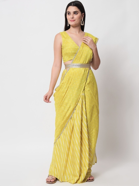 

TrueBrowns Lime Green & Off White Bandhani Silk Blend Ready to Wear Bandhani Saree