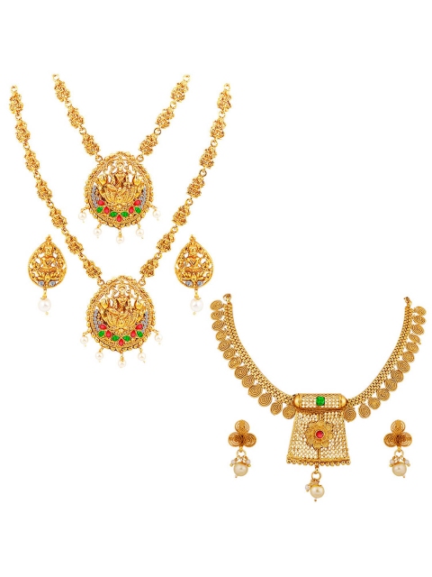 

Silver Shine Set Of 3 Gold-Plated Red & Green AD Stone-Studded Jewellery Set