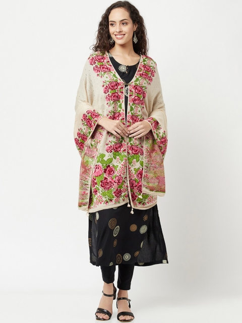 

Knitstudio Women Cream-Coloured & Pink Botanical Knitted Shawl
