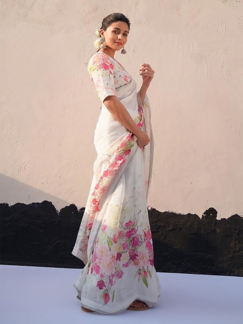 

Trendmalls White & Pink Floral Pure Linen Saree