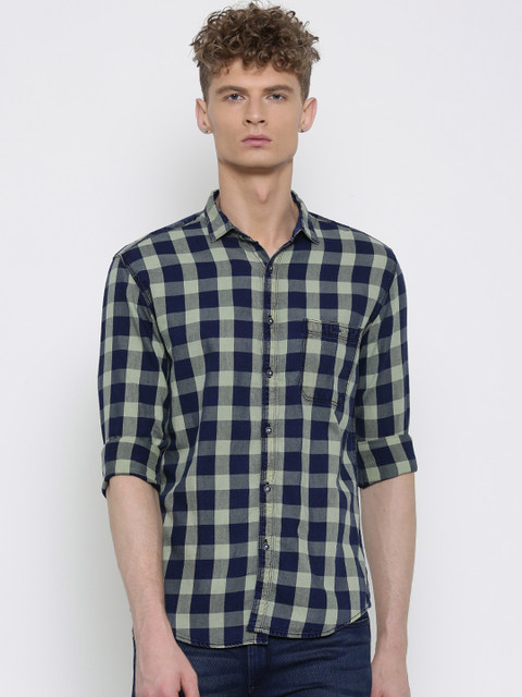 

Nature Casuals Men Navy Blue & Green Slim Fit Checked Casual Shirt
