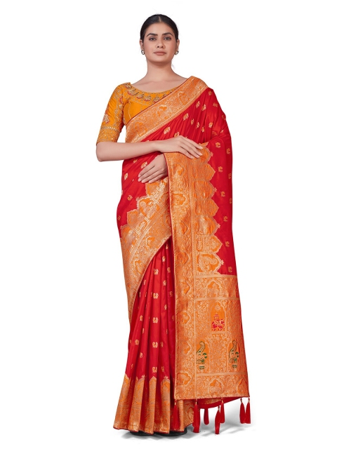 

MONJOLIKA FASHION Red & Mustard Ethnic Motifs Zari Silk Blend Banarasi Saree