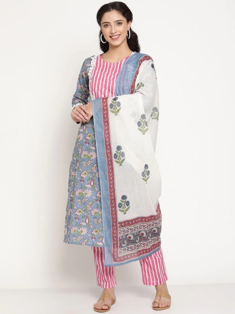 

Be Indi Women Blue Floral Printed Pure Cotton Kurta with Trousers & With Dupatta