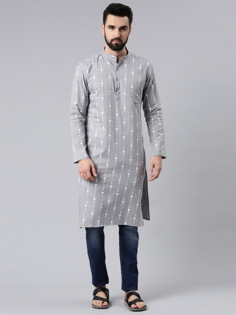 

Kryptic Men Grey Geometric Printed Cotton Kurta