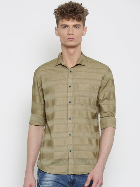 

British Club Men Khaki Striped Casual Shirt