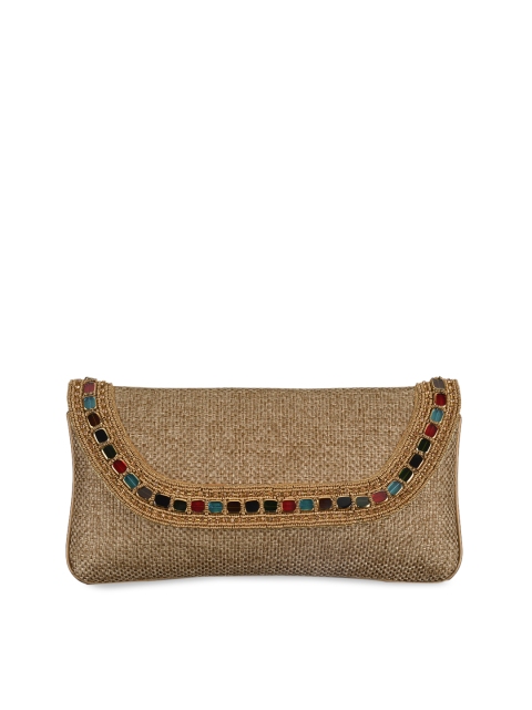

INAAYA Women Khaki & Gold-Toned Textured Envelope Clutch