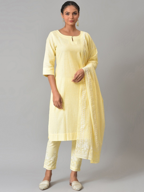 

W Women Yellow Ethnic Motifs Panelled Kurti with Trousers & With Dupatta