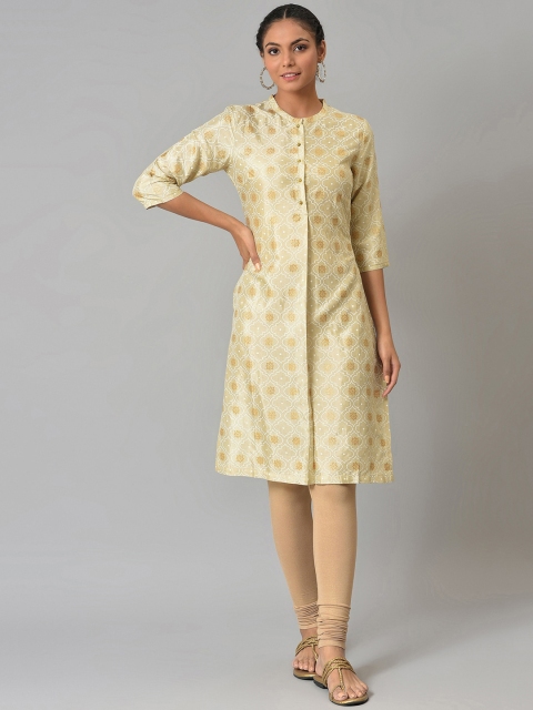 

W Women Beige Printed Panelled Kurta with Churidar