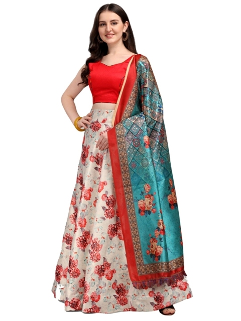 

SWEETPEL Off White & Orange Printed Semi-Stitched Lehenga & Unstitched Blouse With Dupatta