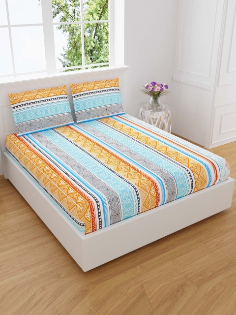 

EasyGoods Orange & Blue Geometric Pure Cotton 300 TC King Bedsheet with 2 Pillow Covers