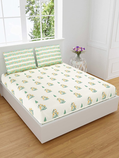 

EasyGoods White & Green 320 TC Floral Pure Cotton King Bedsheet with 2 Pillow Covers