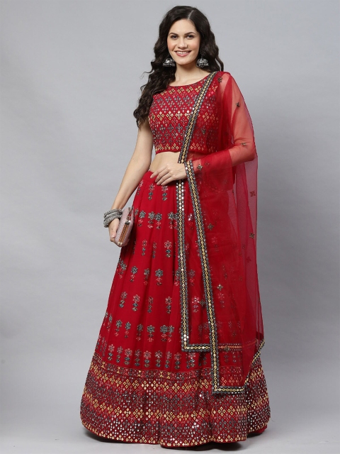 

ODETTE Pink & Green Embellished Semi-Stitched Lehenga & Unstitched Blouse With Dupatta