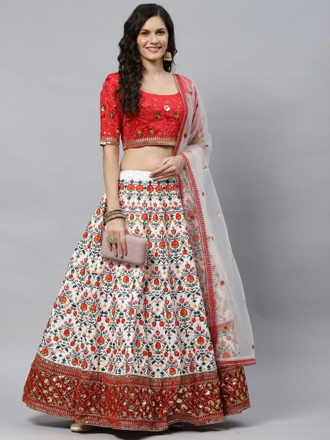 

ODETTE White & Orange Embroidered Semi-Stitched Lehenga & Unstitched Blouse With Dupatta
