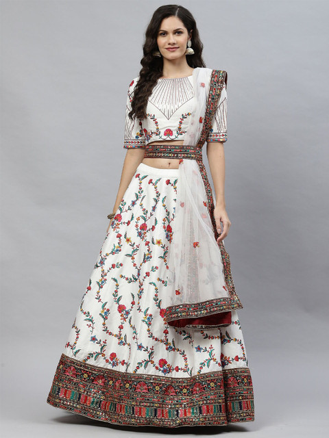 

ODETTE White & Orange Embroidered Semi-Stitched Lehenga & Unstitched Blouse With Dupatta