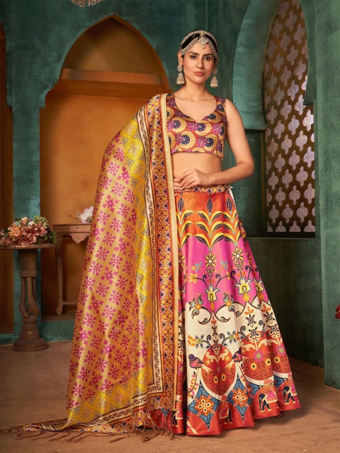

ODETTE Pink & Yellow Printed Semi-Stitched Lehenga & Unstitched Blouse With Dupatta