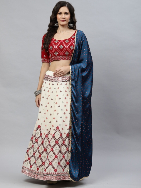 

ODETTE Beige & Blue Embellished Mirror Work Semi-Stitched Lehenga & Unstitched Blouse With Dupatta
