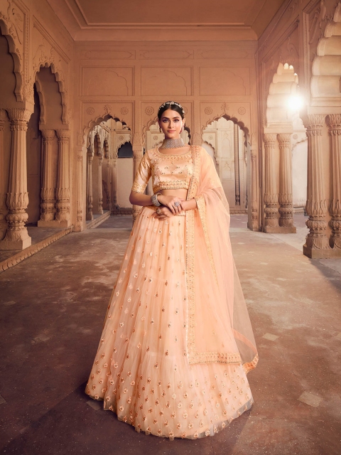 

ODETTE Embellished Thread Work Semi-Stitched Lehenga & Unstitched Blouse With Dupatta, Orange