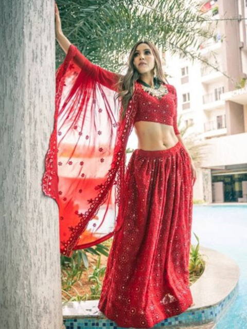 

ODETTE Embroidered Semi-Stitched Lehenga & Unstitched Blouse With Dupatta, Red