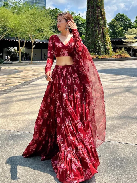 

ODETTE Red & Pink Printed Semi-Stitched Lehenga & Unstitched Blouse With Dupatta
