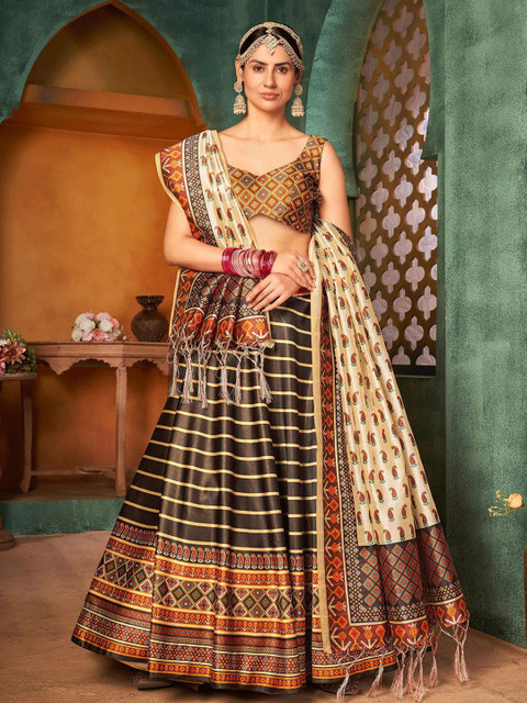 

ODETTE Brown & Red Printed Semi-Stitched Lehenga & Unstitched Blouse With Dupatta