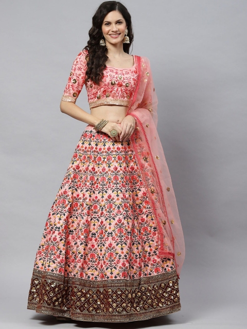 

ODETTE Pink & Maroon Embroidered Thread Work Semi-Stitched Lehenga & Unstitched Blouse With Dupatta