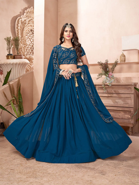 

ODETTE Teal & Gold-Toned Embroidered Sequinned Semi-Stitched Lehenga & Unstitched Blouse With Dupatta