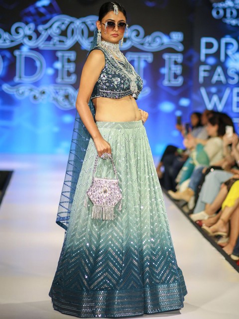 

ODETTE Blue & Green Embellished Mirror Work Semi-Stitched Lehenga & Unstitched Blouse With Dupatta