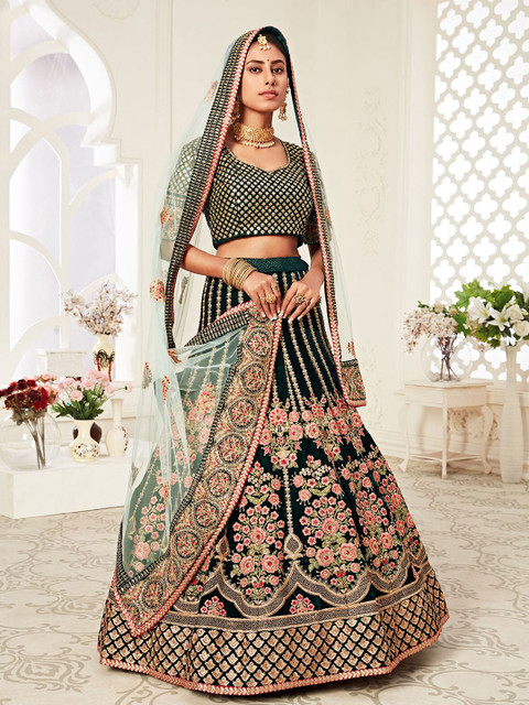 

ODETTE Green & Pink Embroidered Thread Work Semi-Stitched Lehenga & Unstitched Blouse With Dupatta