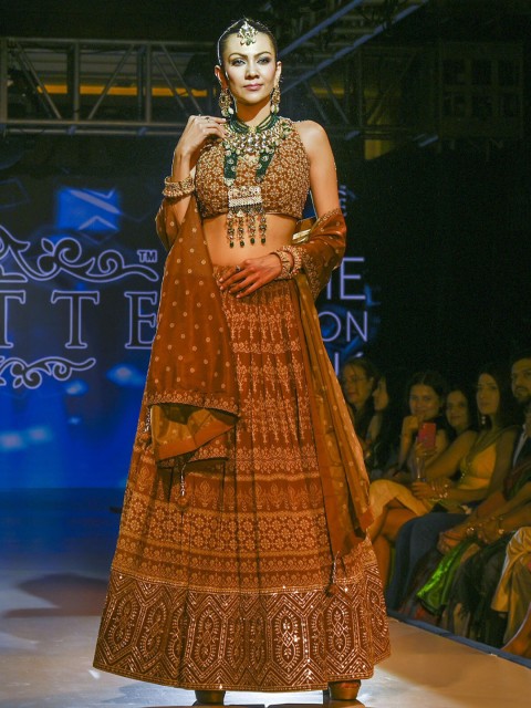 

ODETTE Mustard & Gold-Toned Embellished Sequinned Semi-Stitched Lehenga & Unstitched Blouse With Dupatta