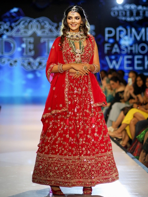 

ODETTE Red Embellished Semi-Stitched Lehenga & Unstitched Blouse With Dupatta