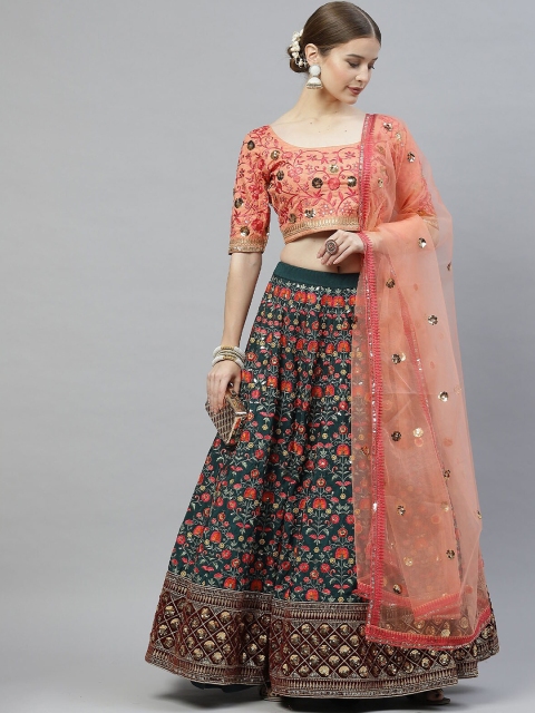 

ODETTE Green & Peach-Coloured Embellished Sequinned Semi-Stitched Lehenga & Unstitched Blouse With Dupatta
